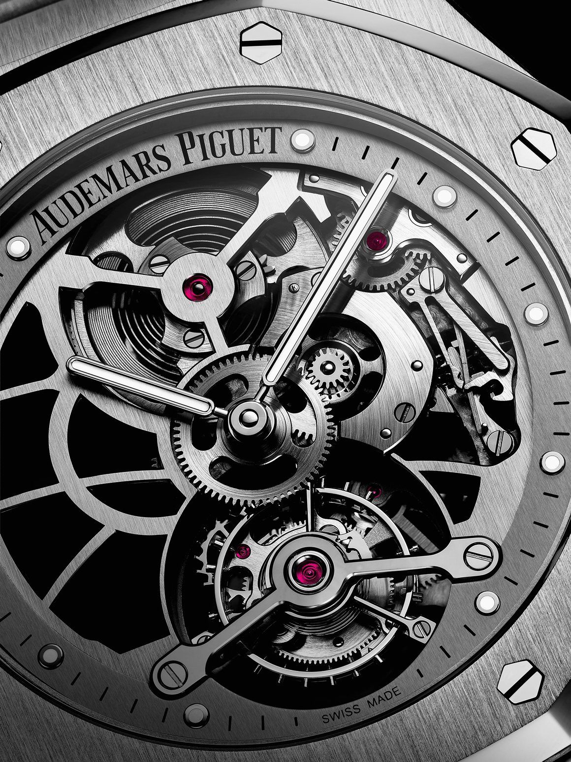 Macro detail of an openworked luxury watch movement